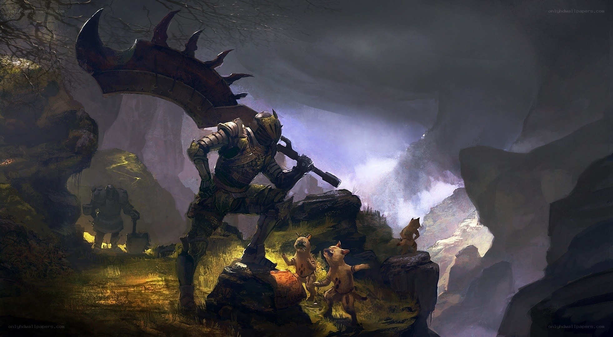 Knight with giant axe in cave