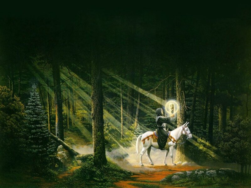 Knight with glowing orb in forest