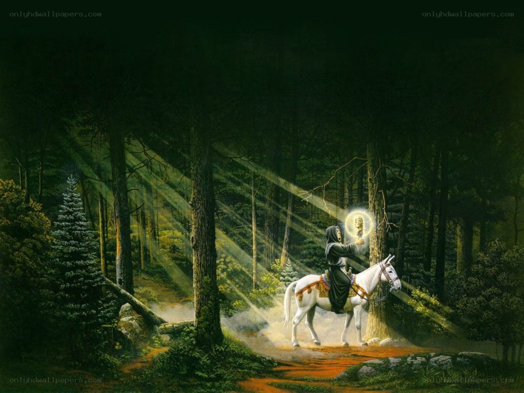 Knight with glowing orb in forest