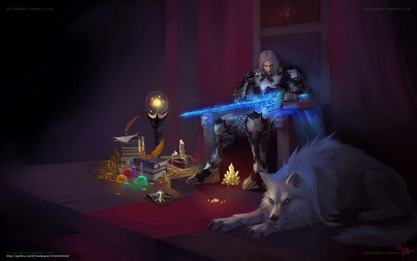 Knight with glowing sword and wolf