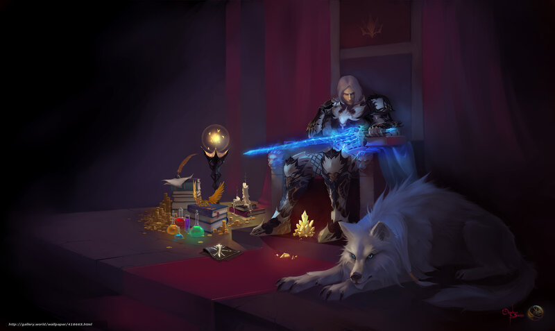 Knight with glowing sword and wolf