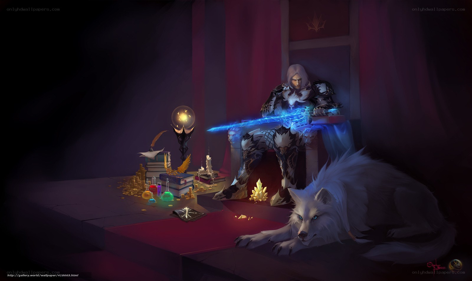 Knight with glowing sword and wolf