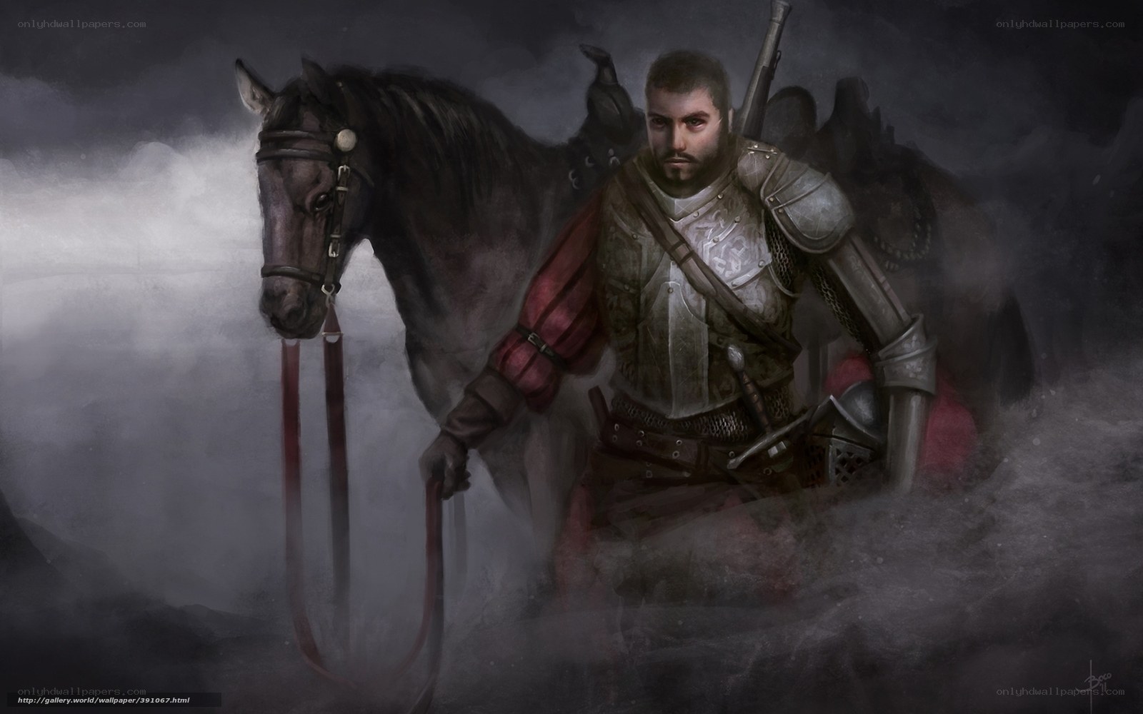 knight with horse in mist