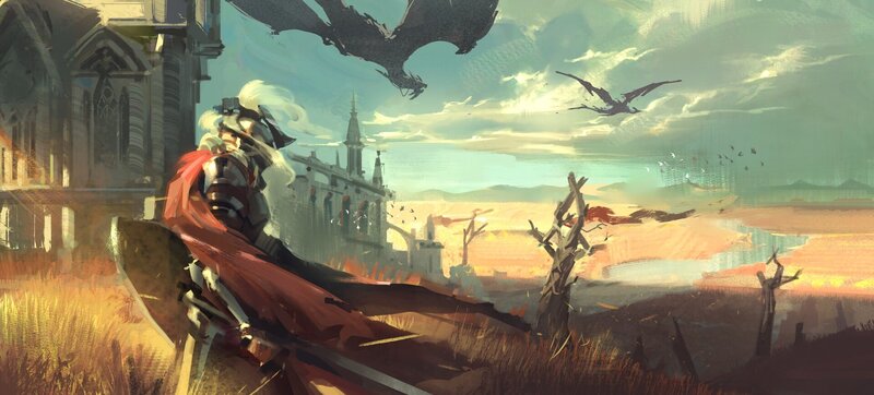 Knight with Red Cape — Dramatic, Sunset