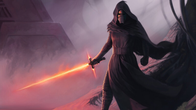 Knight with Red Lightsaber — Black, Dramatic, Digital Art, Hooded Cloak, Ancient Ruins