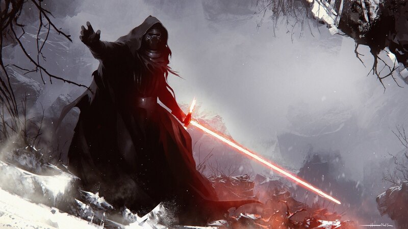 Knight with Red Lightsaber — Black, Dramatic, Winter, Digital Art