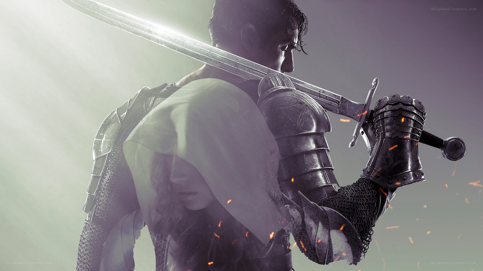 Knight with sword and woman