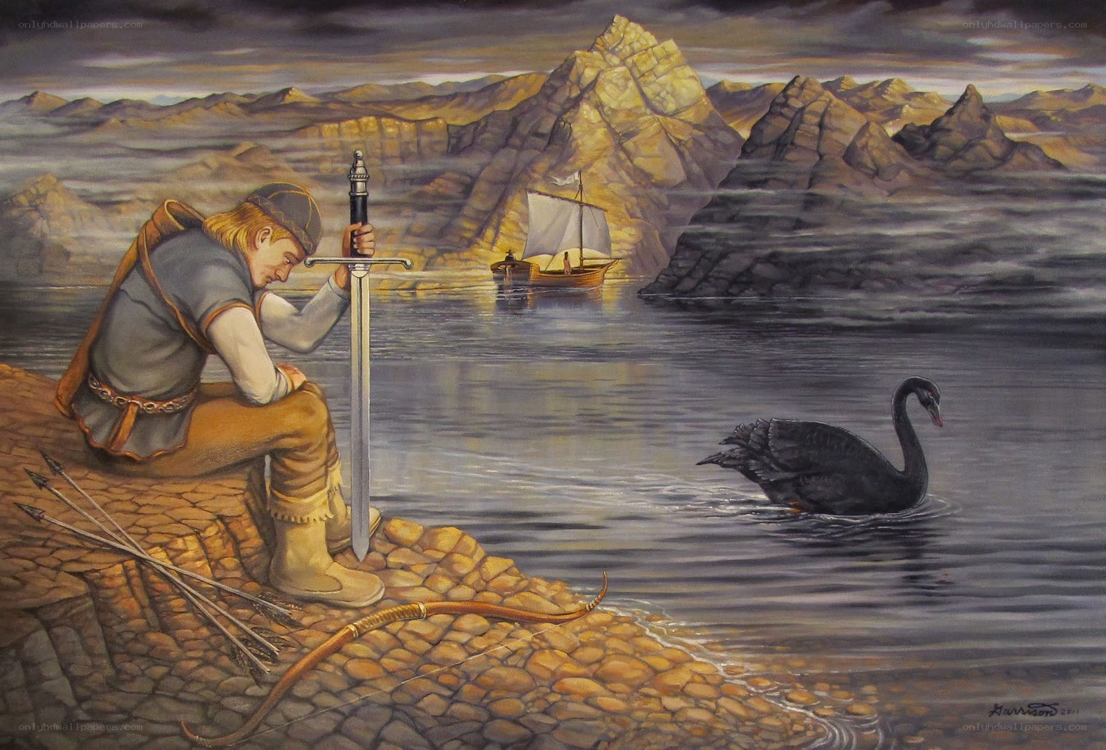 knight with sword by lake
