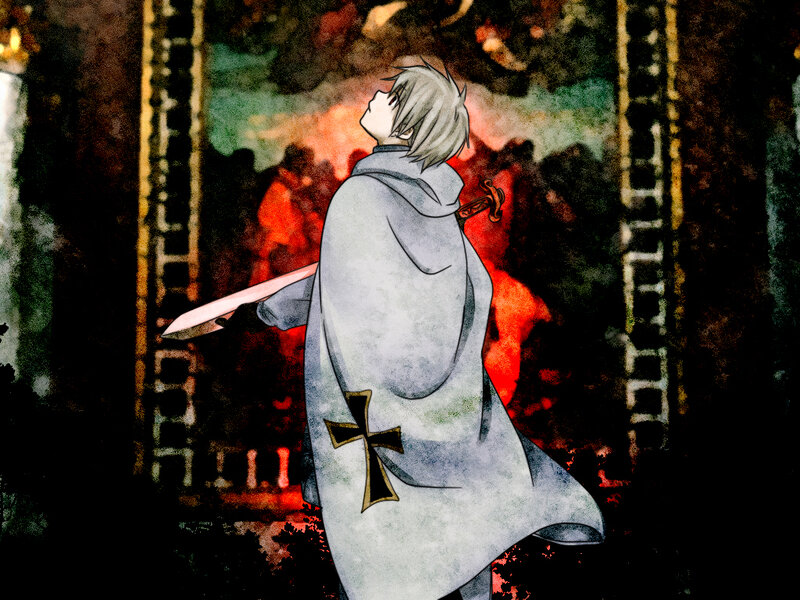 knight with sword in ruins