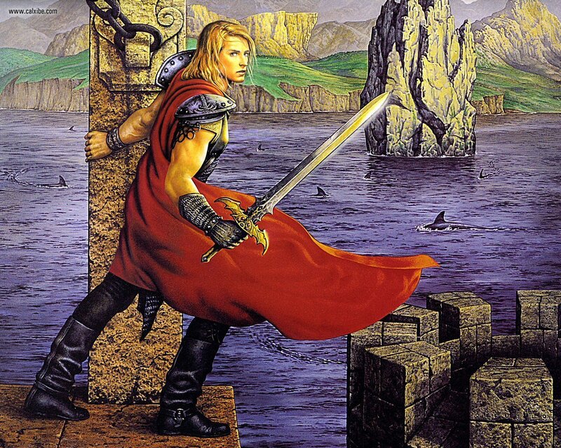 Knight with sword on a dock