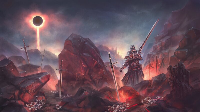 Knight with Sword — Red, Dramatic, Night