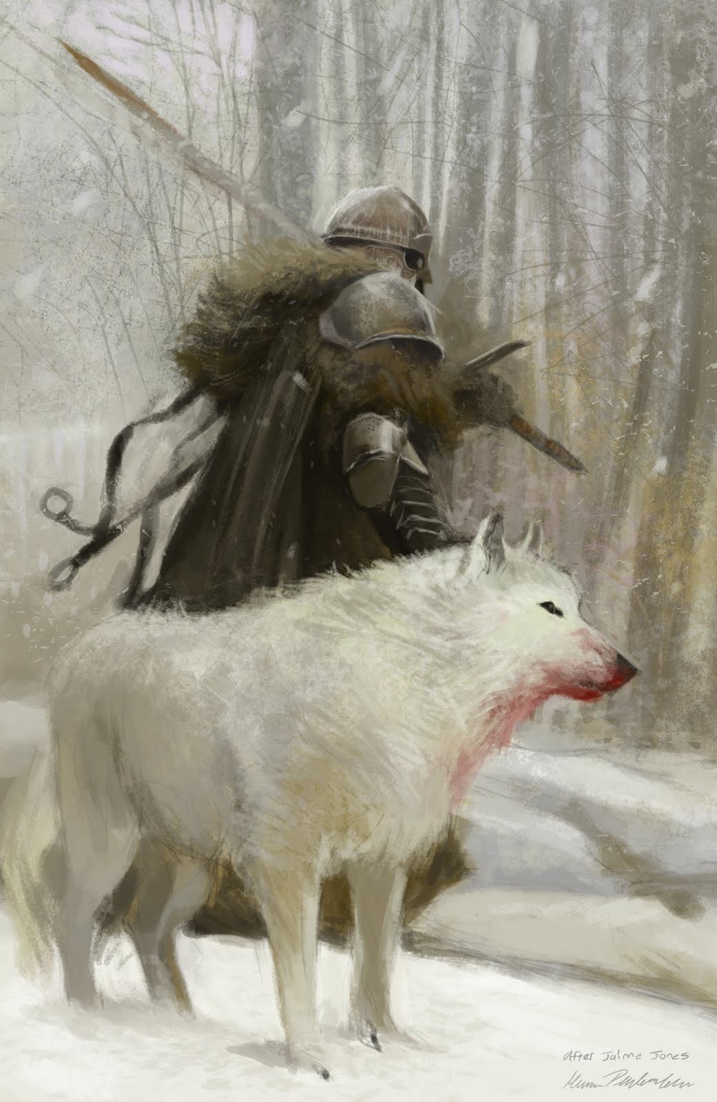 Knight with white wolf in snow