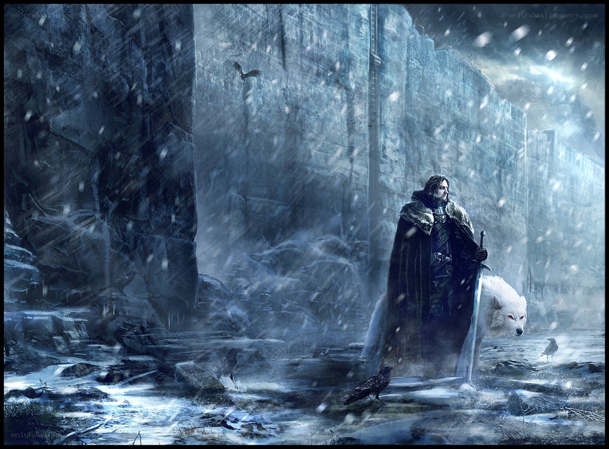 Knight with wolf in snowstorm