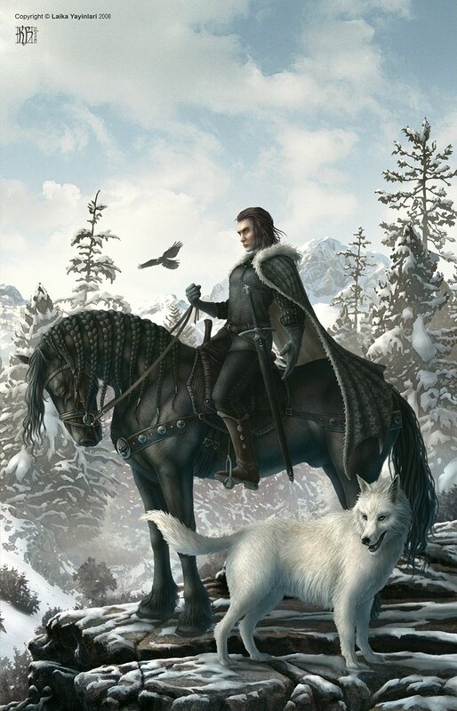 Knight with wolf in snowy mountains