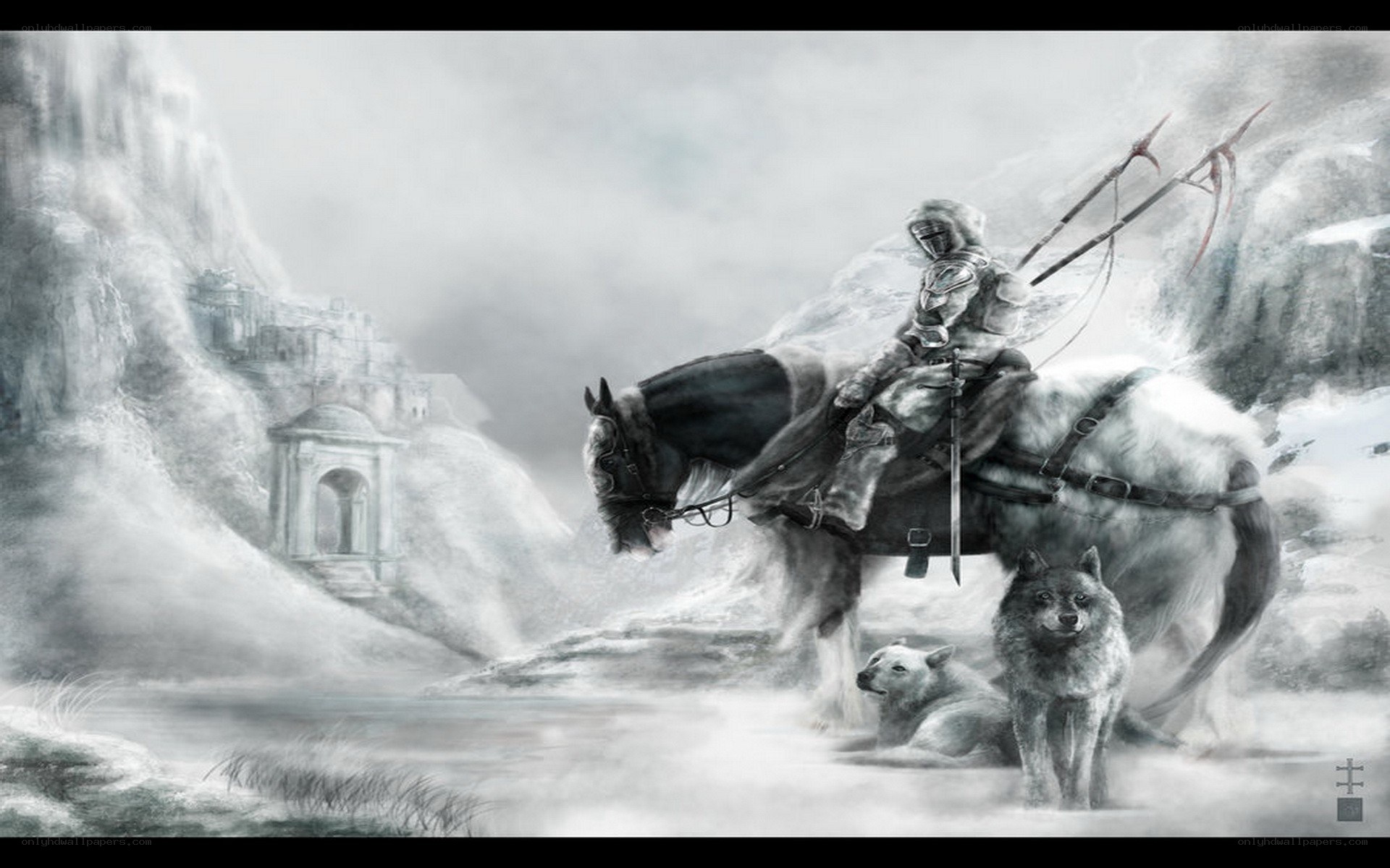 Knight with wolves in snowy landscape