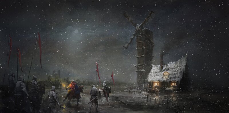 Knightly patrol in a snowy village