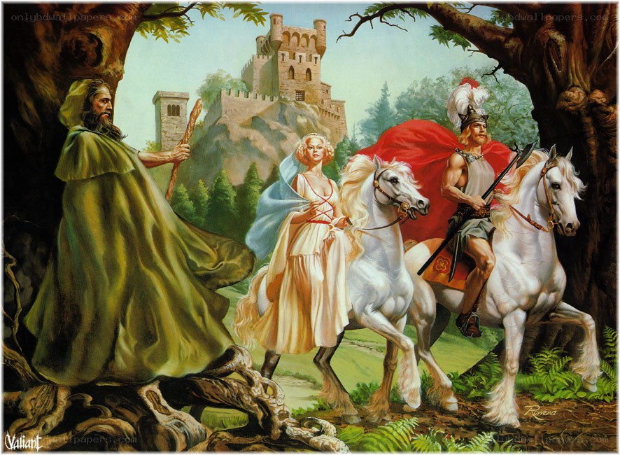 Knights and a sorcerer in the forest