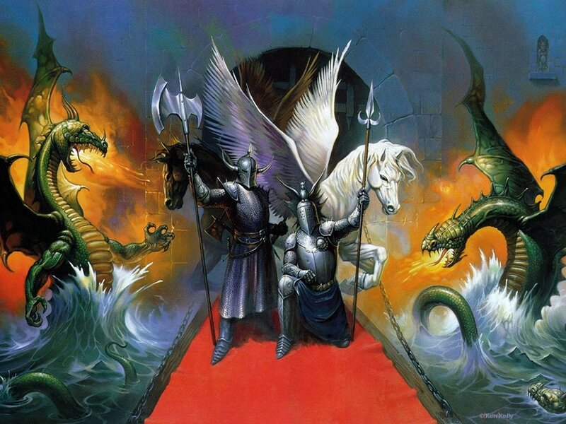 Knights and dragons in a fantasy battle