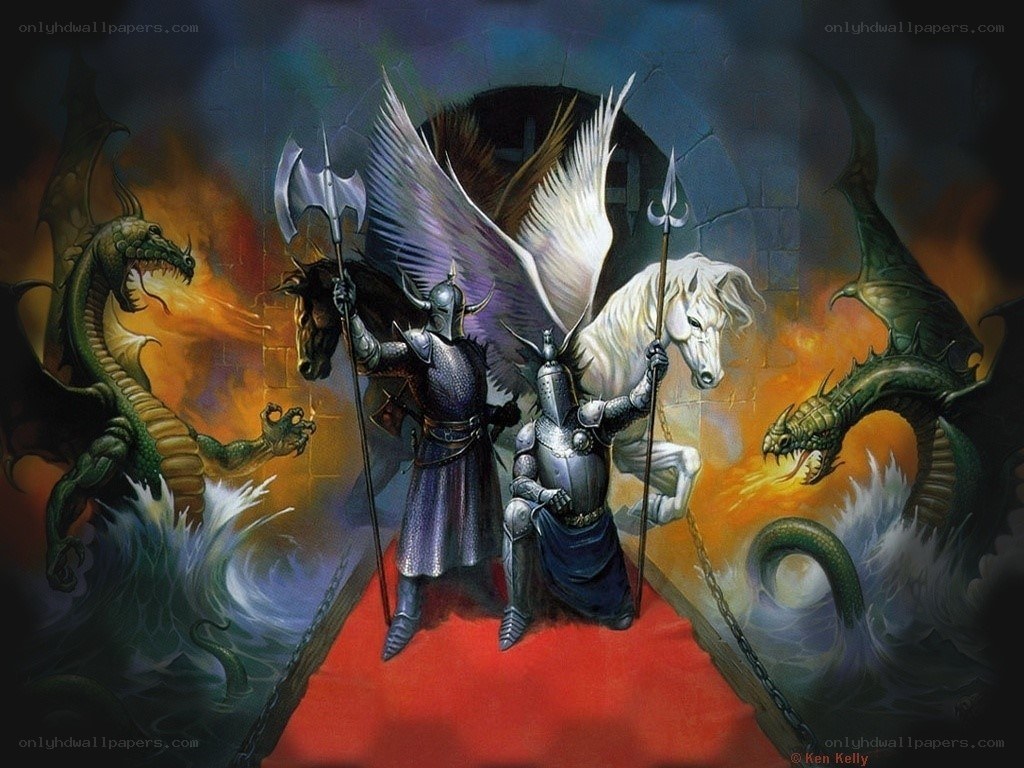 Knights and dragons in battle