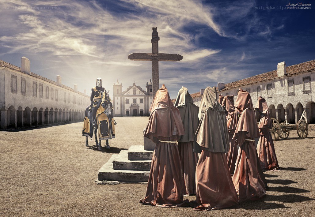 Knights and monks in courtyard
