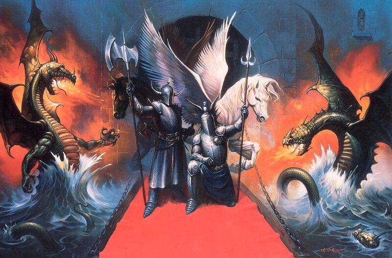 Knights Battling Dragons — Red, Dramatic, Illustration