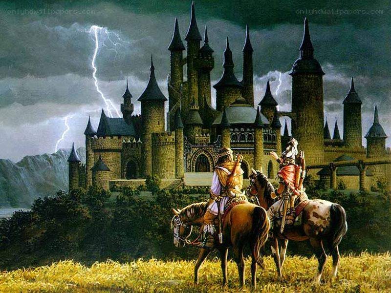 Knights before a stormy castle