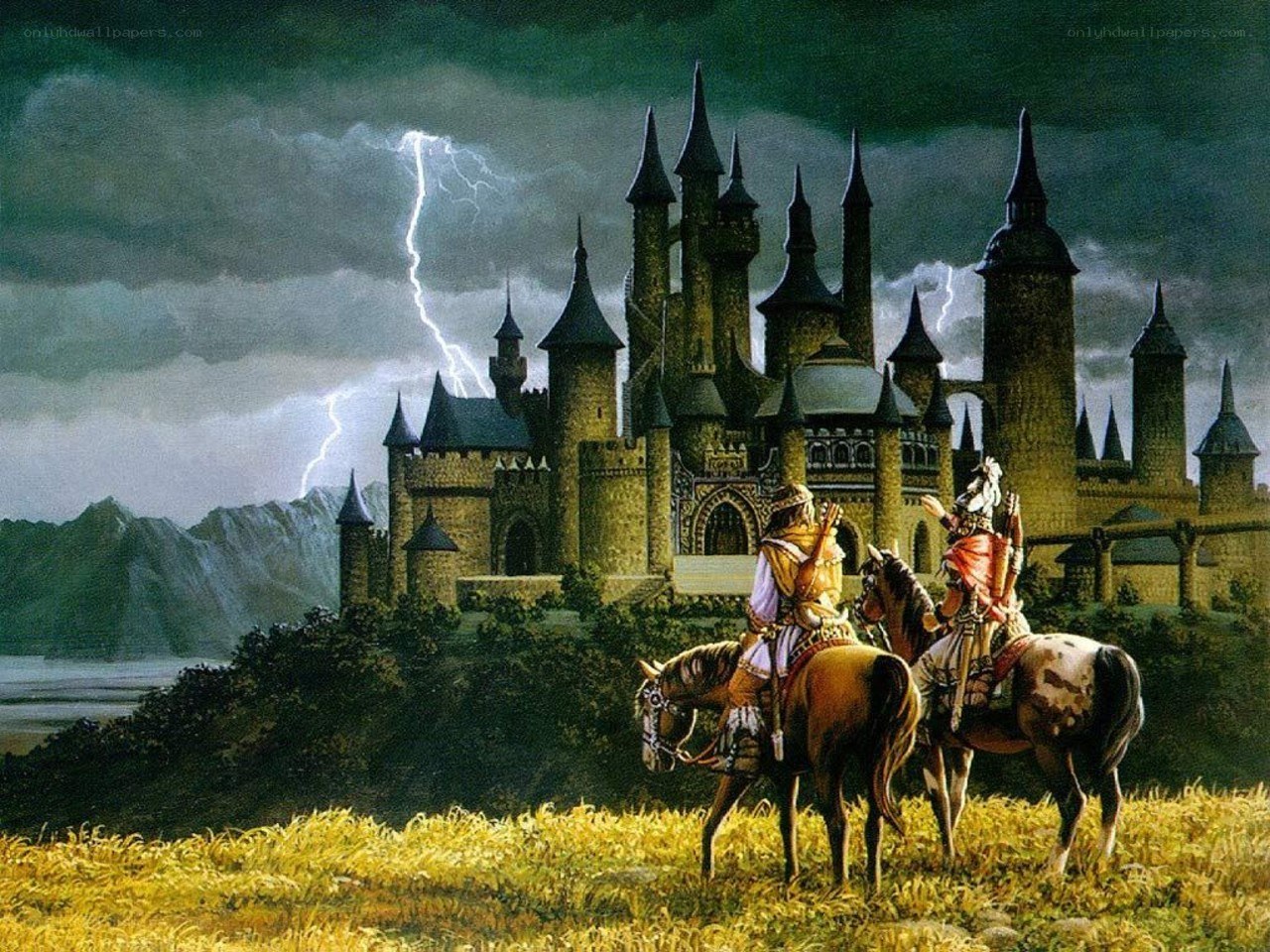 Knights before a stormy castle
