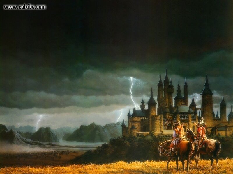 Knights before a stormy castle
