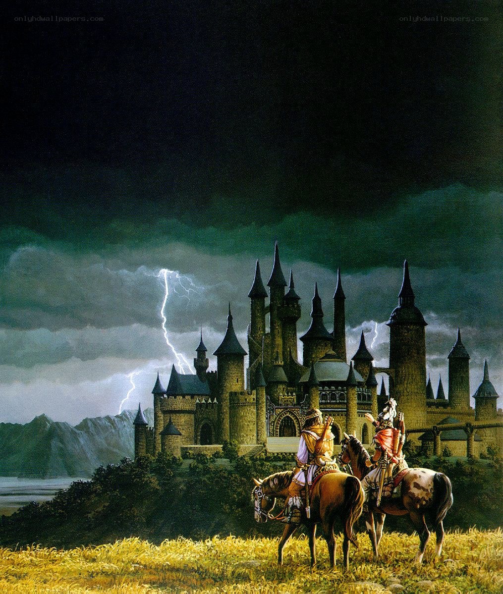 Knights before a stormy castle