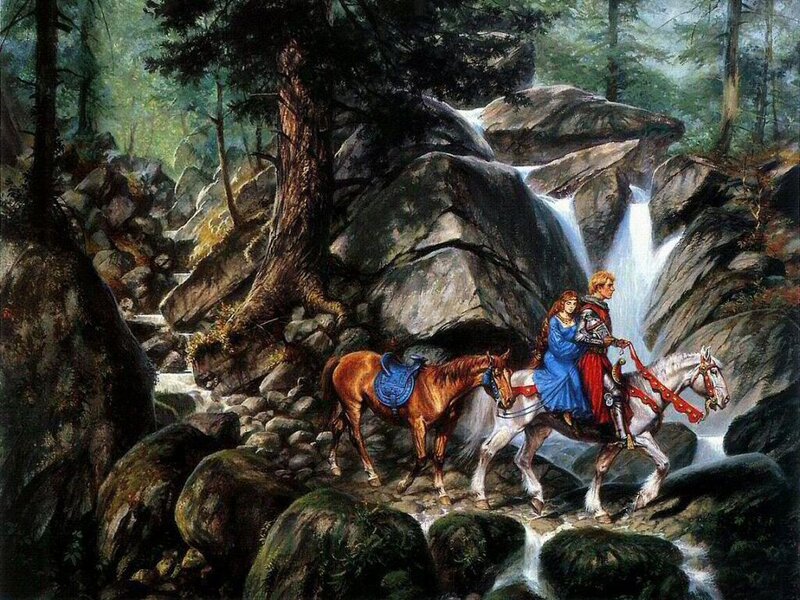 Knights by a forest waterfall