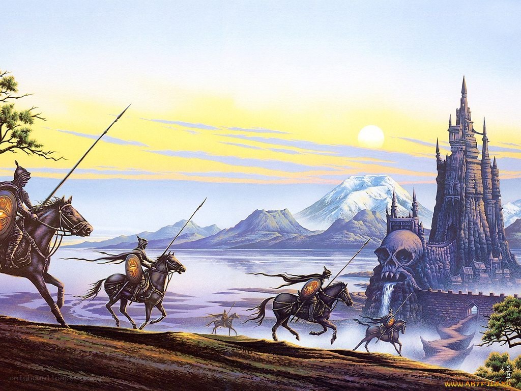 Knights charging toward a castle
