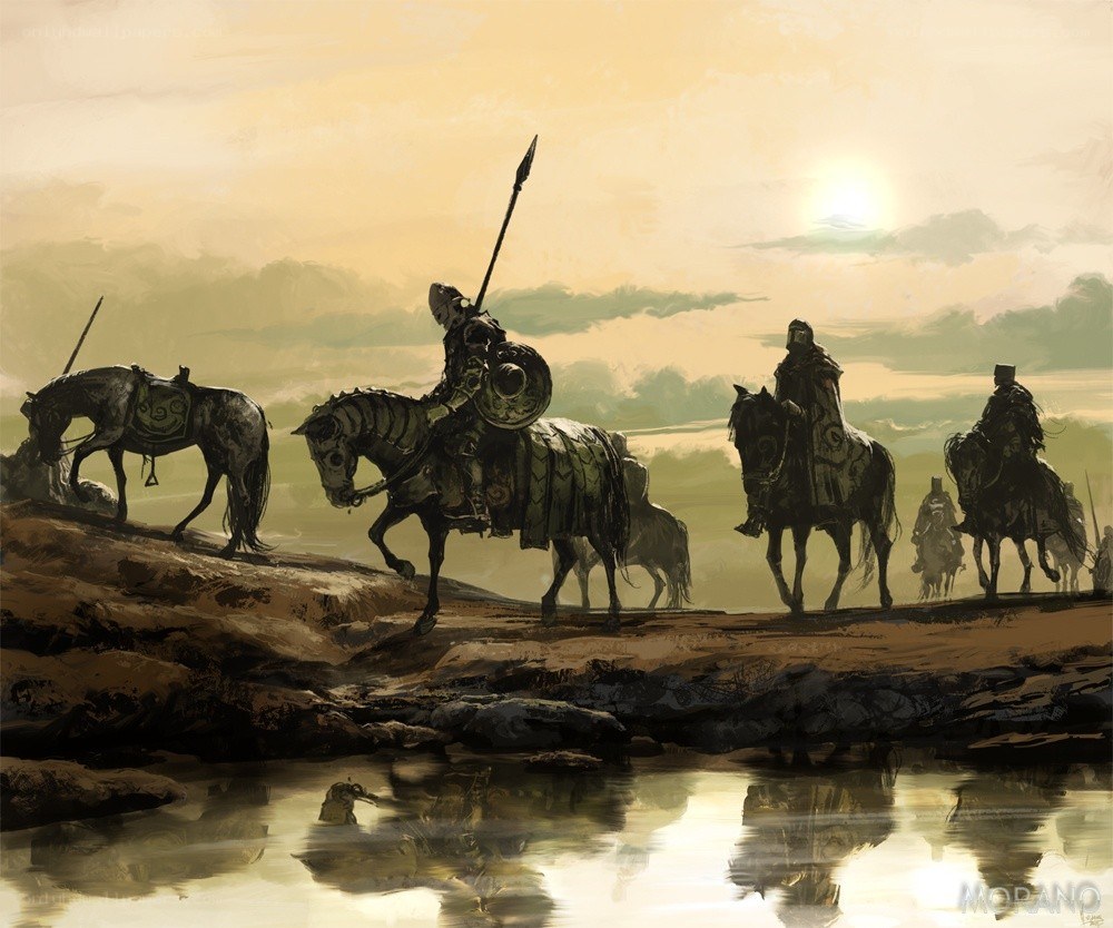 Knights crossing a river at dawn