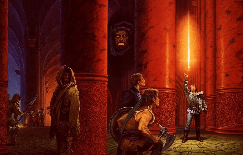 Knights in a red-hued dungeon