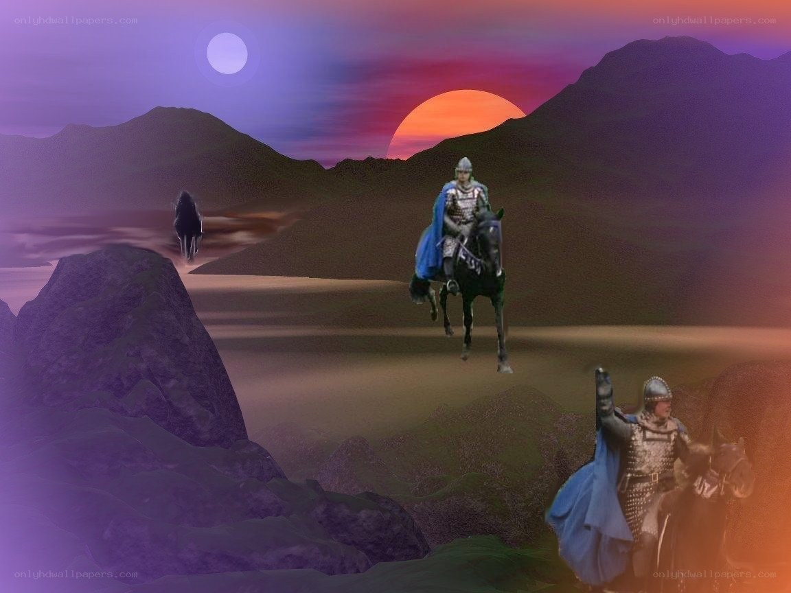 Knights on horseback at sunset