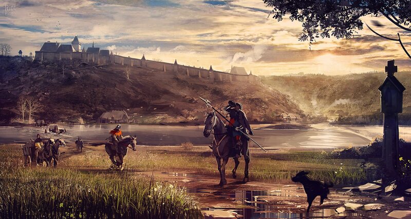 Knights on Horseback — Brown, Dramatic, Sunset, Digital Art, Castle