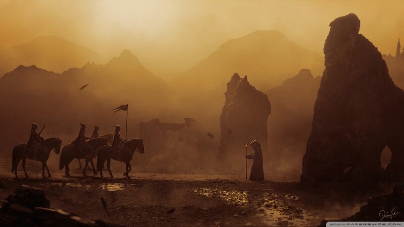 Knights on Horseback — Brown, Dramatic, Sunset, Digital Art, Mountains