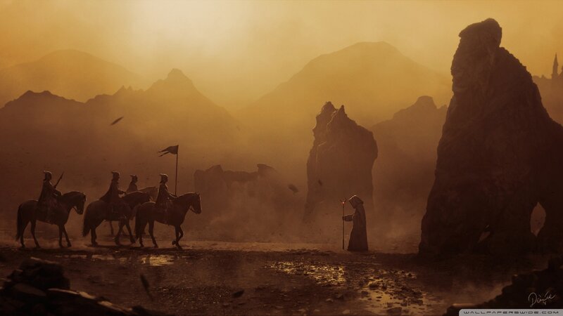 Knights on Horseback — Brown, Dramatic, Sunset, Digital Art
