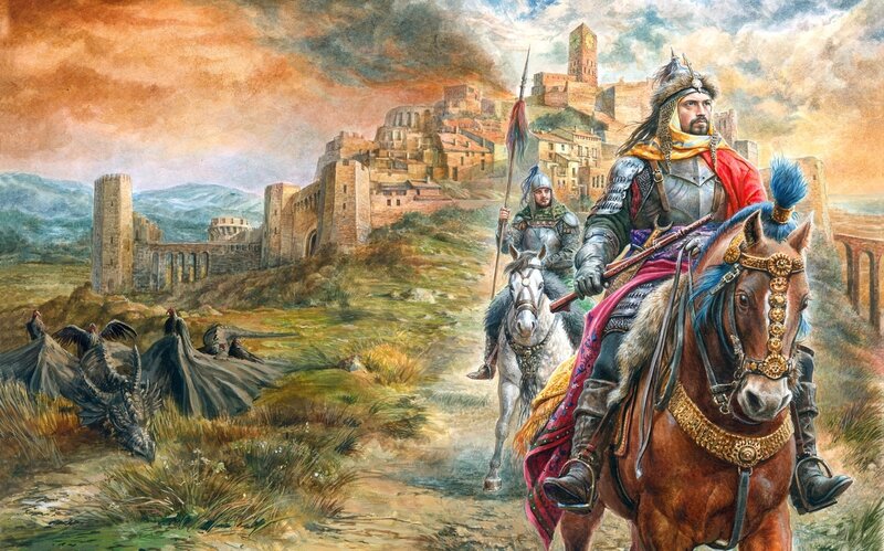 Knights on Horseback — Brown, Dramatic, Sunset, Painting