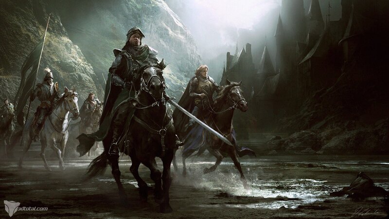 Knights on Horseback — Gray, Dramatic, Digital Art, Castle