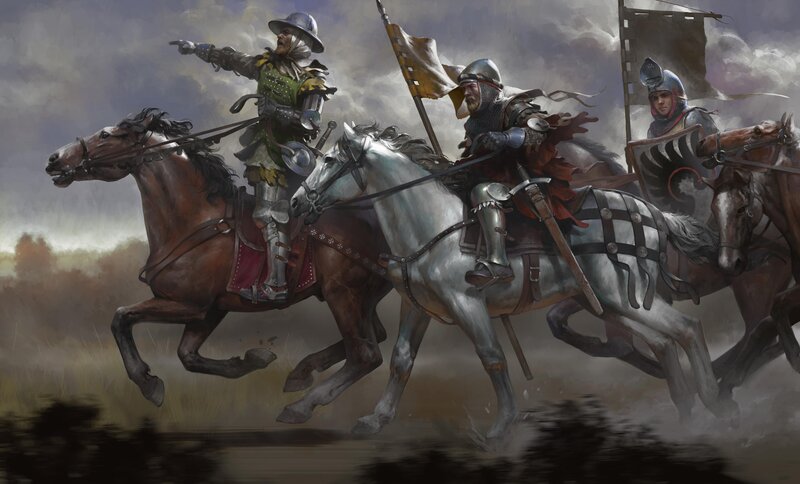 Knights on Horseback — Gray, Dramatic, Digital Art, Horses