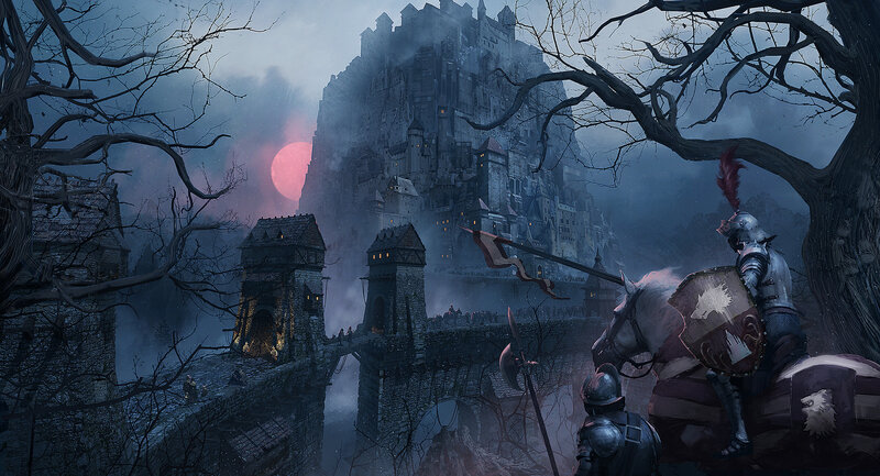 Knights on Horseback — Gray, Dramatic, Night, Digital Art