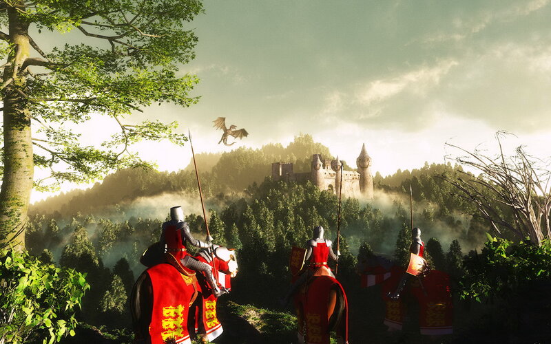 Knights on Horseback — Green, Dramatic, Morning, Digital Art