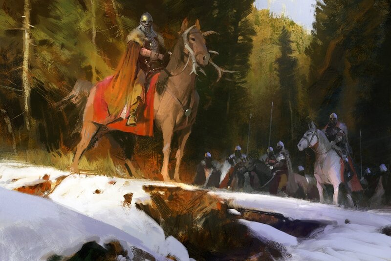Knights on horseback in a snowy forest