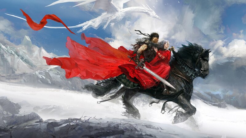 Knights on horseback in a snowy landscape