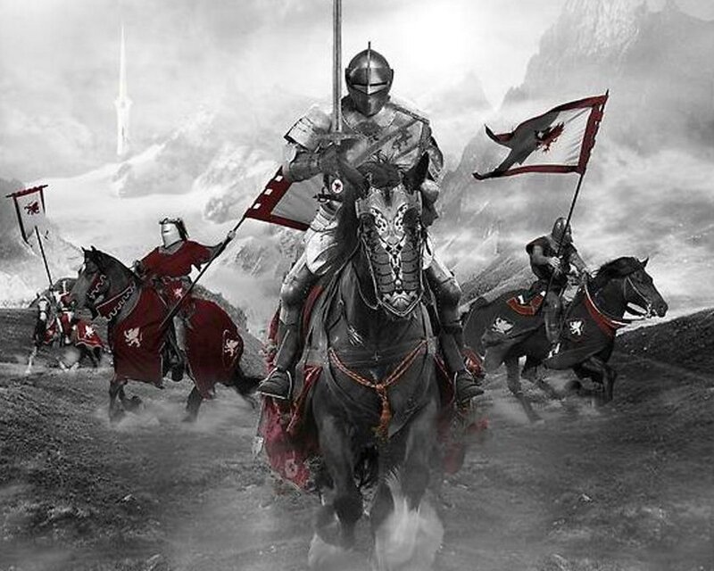 Knights on horseback in battle