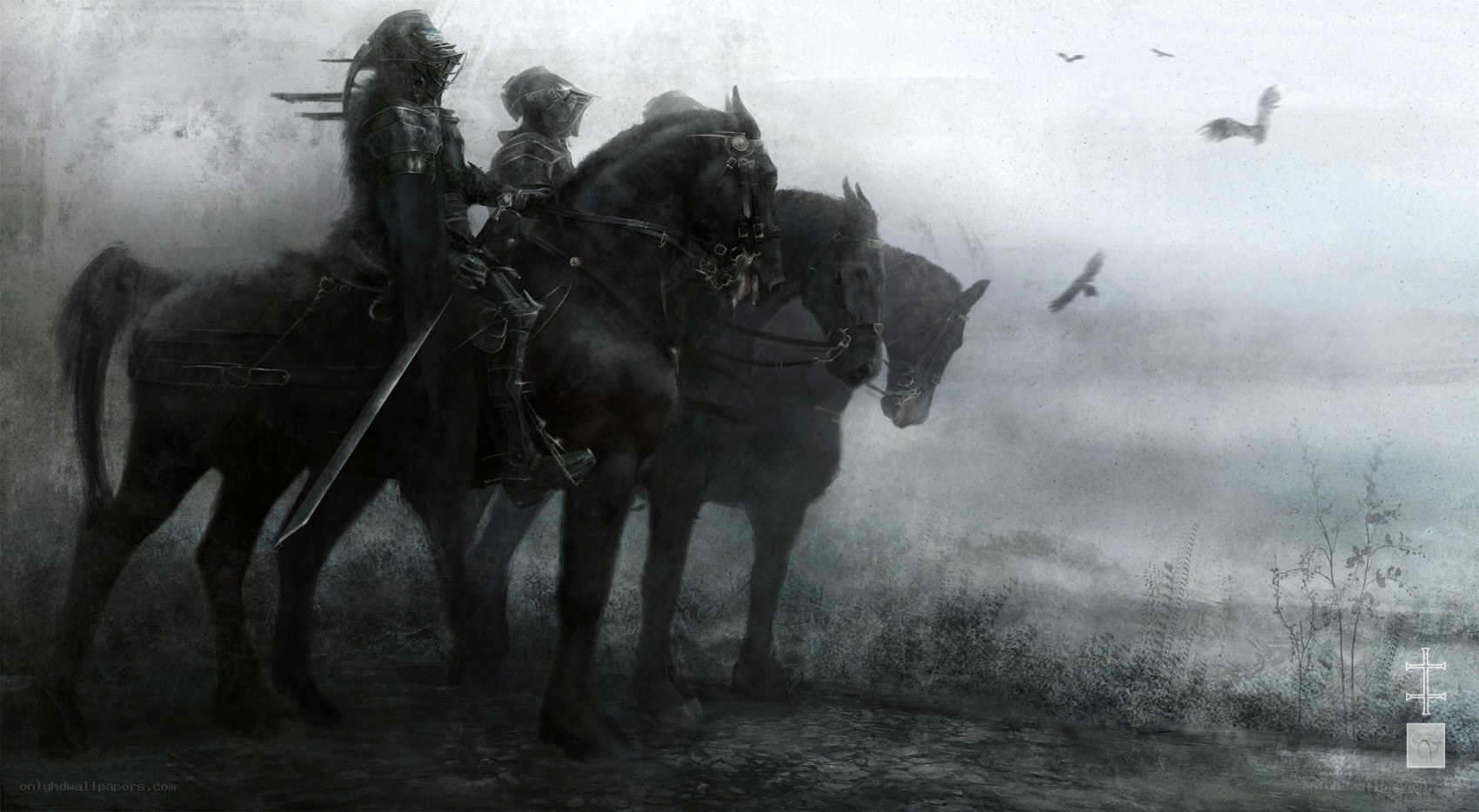 Knights on horseback in mist