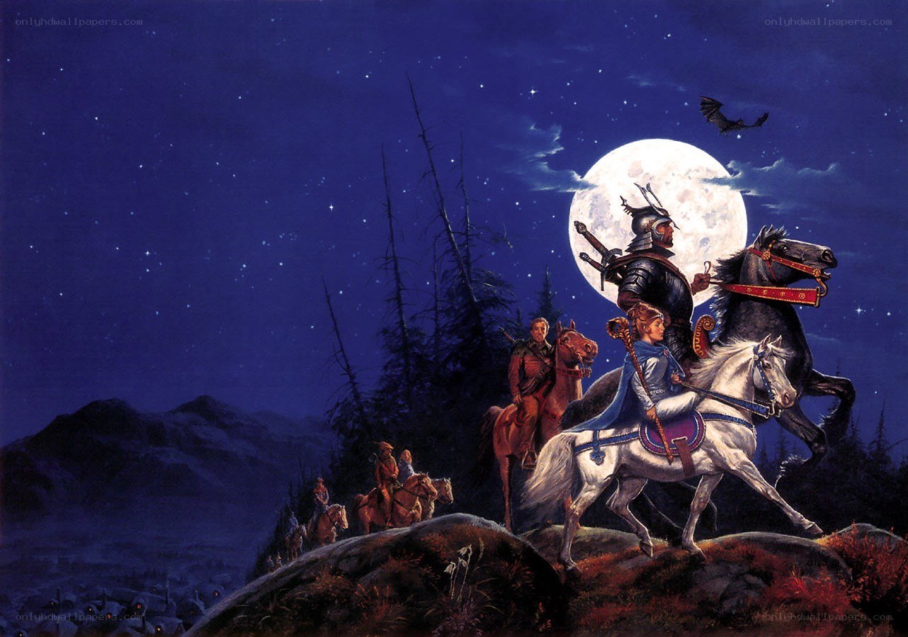 Knights on horseback under moonlight