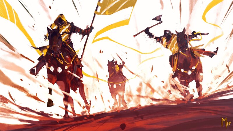 Knights on Horseback — Yellow, Dramatic, Digital Art