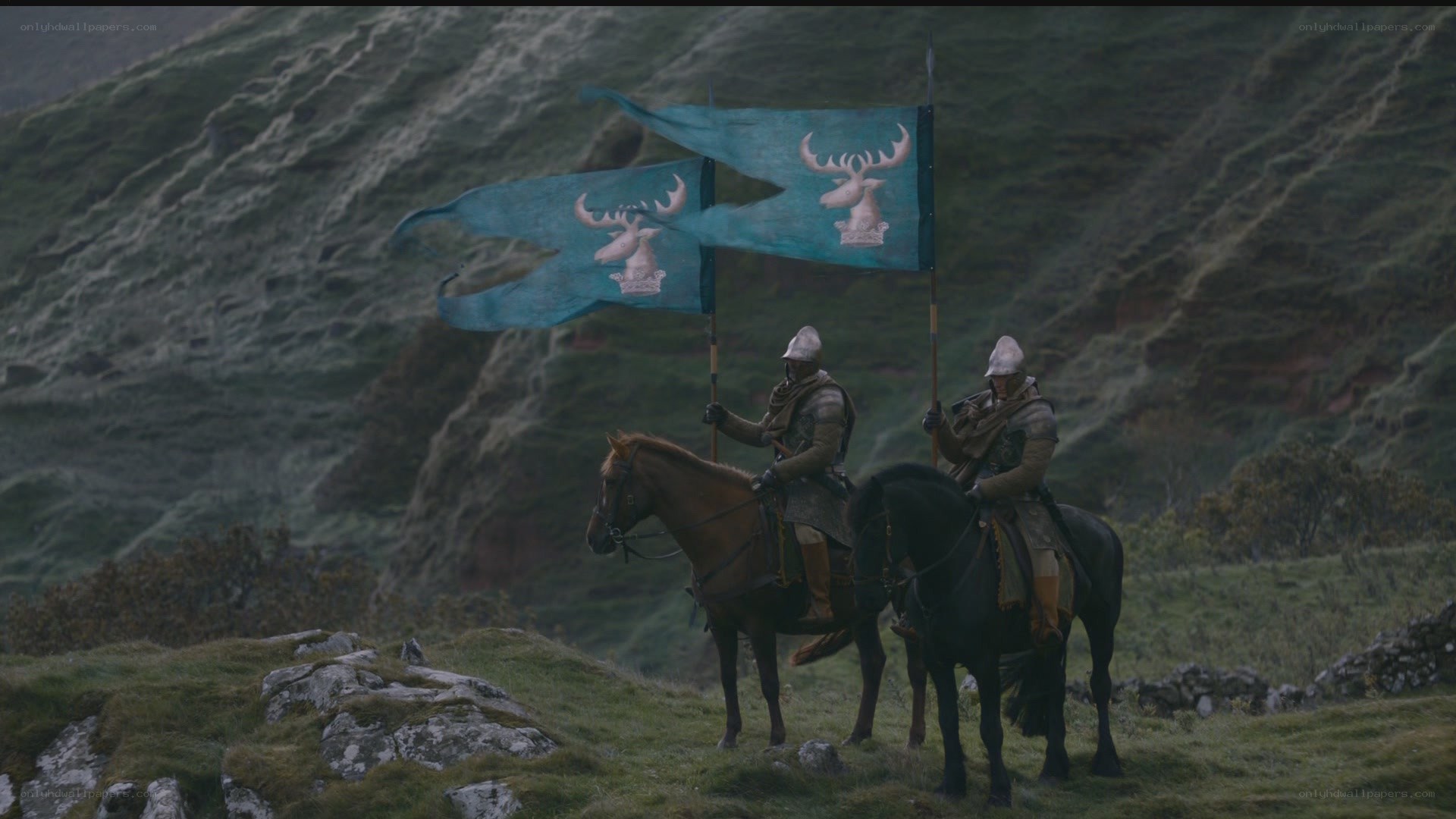 Knights with banners on horses