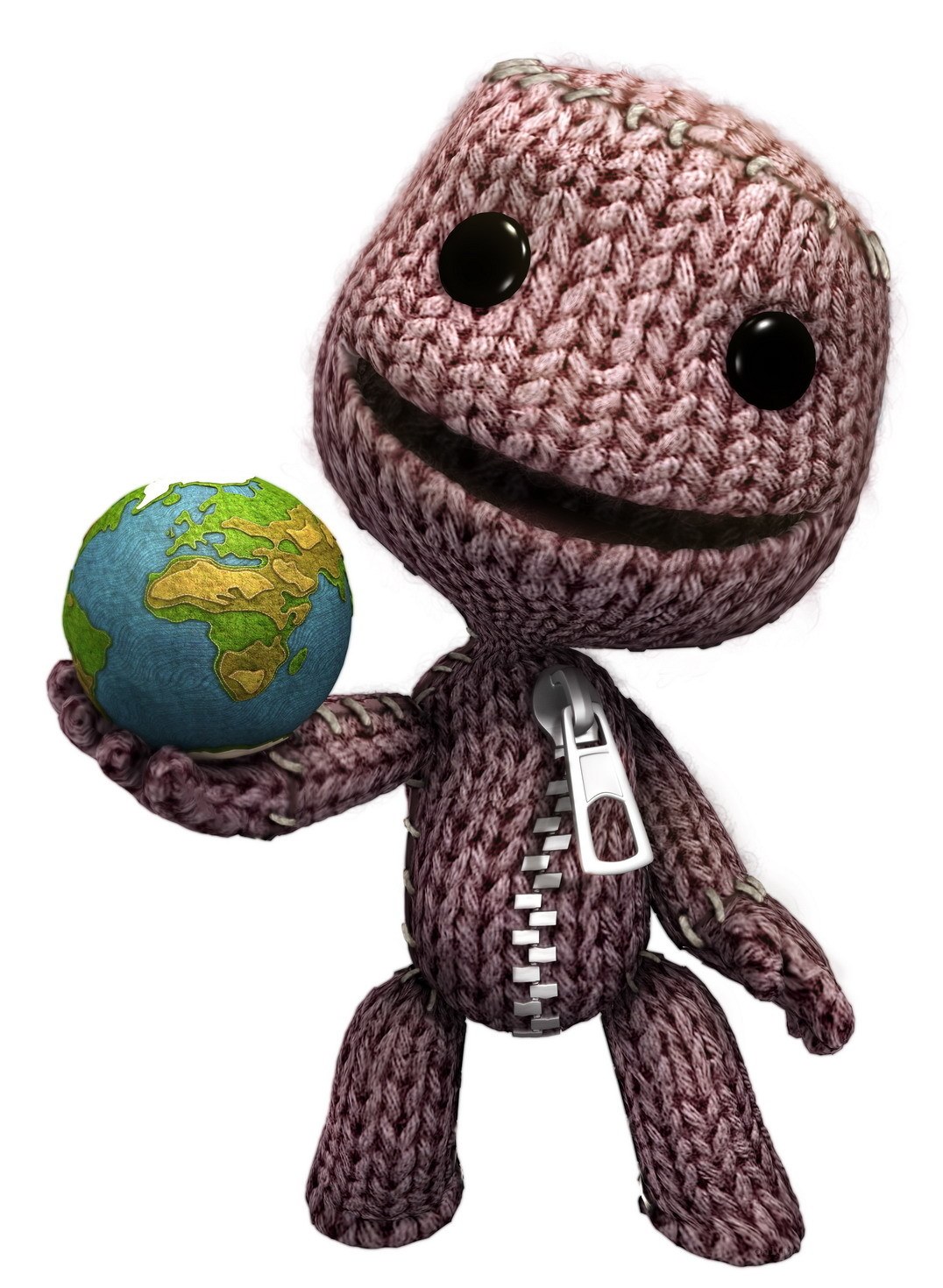knitted character holding globe